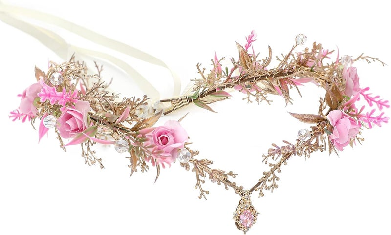MOSTORY Pink Flower Fairy Crown - Elf Floral Headpiece Woodland Circlet for Fairycore Aesthetic Women, Elven Forest Headband for Renaissance Renfaire Cosplay Photo Shoot - Image 1